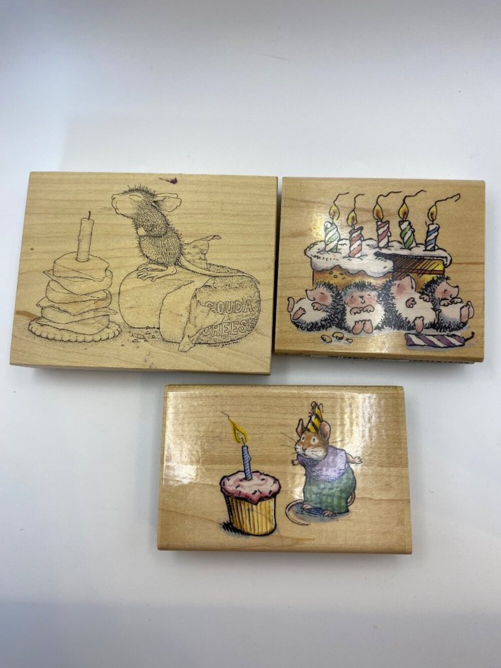 House Mouse Birthday-Themed Rubber Stamps Set Of 3 On Wood Blocks By Stampabilit